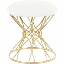 Best deal 🧨 LumiSource Jasmine Vanity Stool In Goldtone Metal And White Plush Fabric 💯